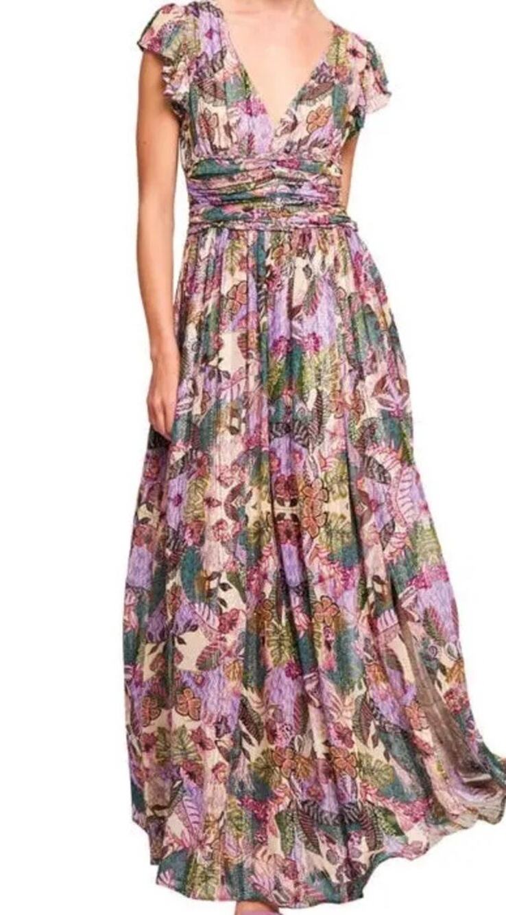 CIEBON Jennsen Ruched Flutter Sleeve Maxi Dress Floral Metallic Size Small